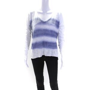 Feel the Piece Terre Jacobs Womens Long Sleeve V Neck Shirt White Blue Size XS/S
